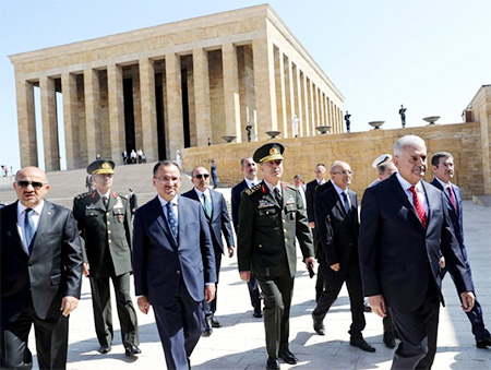 Macintosh HD:Users:musirah.farrukh:Desktop:CMR:Monitor:CMR Monitor August:NY times Prime Minister Binali Yildirim of Turkey, front right, and the chief of staff, Gen. Hulusi Akar, third from left, visit the Mustafa Kemal Ataturk Mausoleum before the Turkish Supreme Military Council meeting in Ankara on Wednesday.jpg